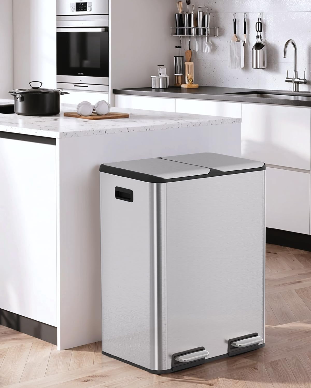 LAZY BUDDY 16 Gal Dual Kitchen Trash Can, Rectangular Stainless Steel Recycling Garbage Can with 2 Built-in Odor Control Box