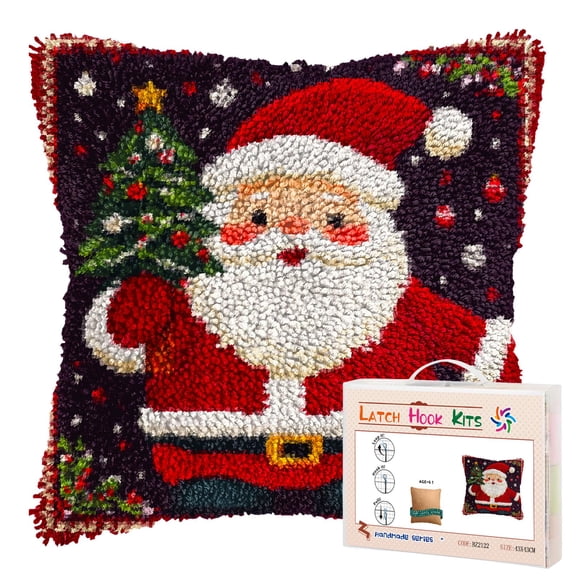 DIY Latch Hook Pillow Kits Cartoon Santa Claus Holding Christmas Tree Printed Pillowcase Crochet Yarns Hooking Handmade Pillow Cover Cushion for Home Sofa Decoration 17x17inch-3