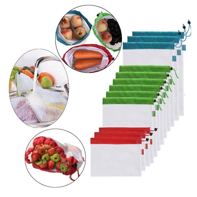 5pcs/lot Reusable Mesh Produce Bags Vegetable Fruit Toys Storage Nylon Pouch Rope Grocery 