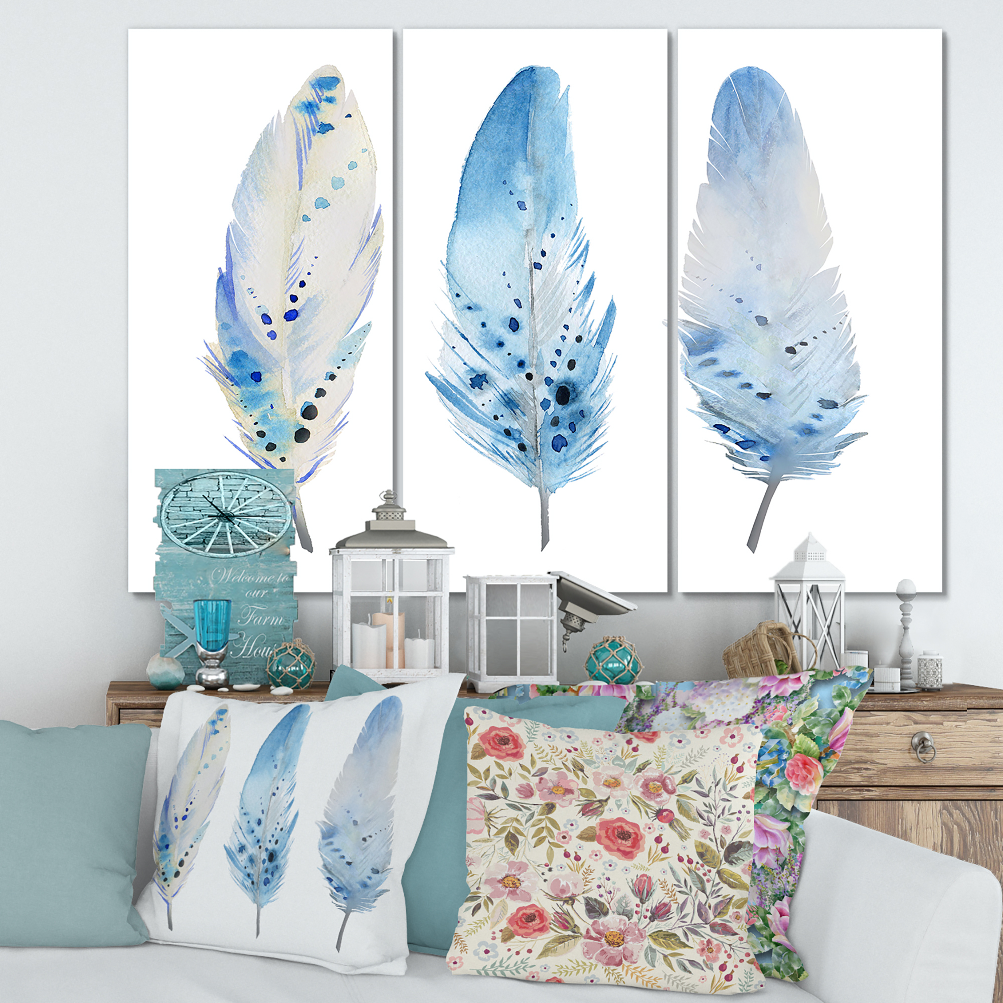 Designart ' Abstract Blue Boho Feathers II ' Lake House Canvas Wall Art Print