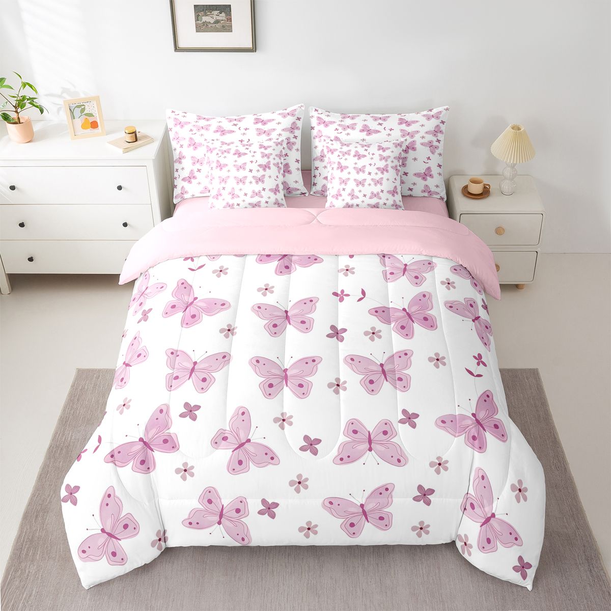 Homewish Gradient Colorful Butterfly 7-Piece Bedding Comforter Set,Flying Animal King Bedding Sets,Pink White Bed Sheets For Girls,Microfiber Bedroom Decor Reversible