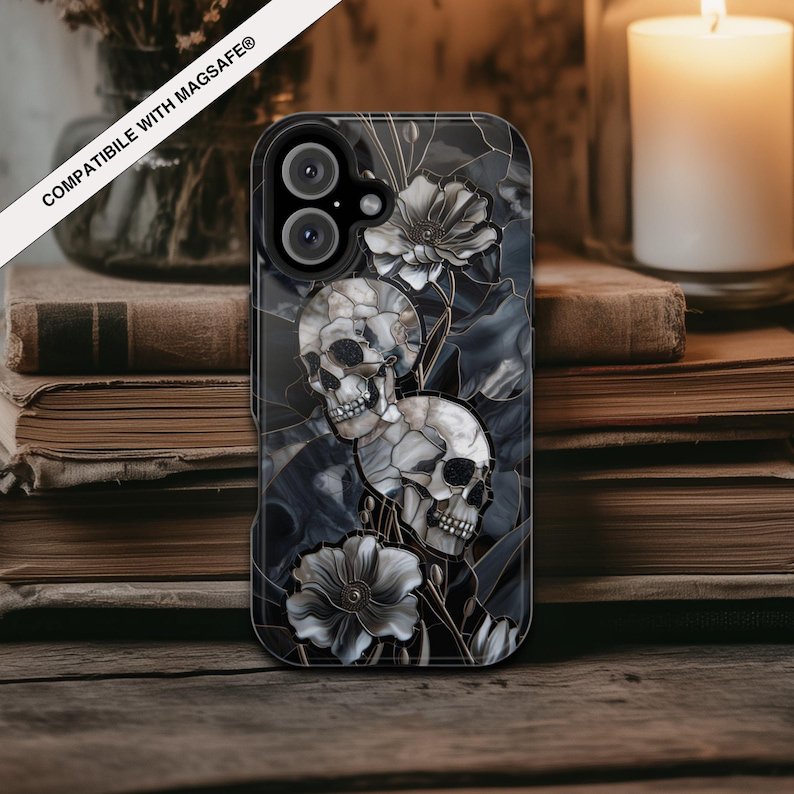 Gothic Skull Wildflowers Tough Phone Case, Dark Academia Mosaic PRINTED Design, Dark Academia Halloween iPhone 17 16 15 14 13 12