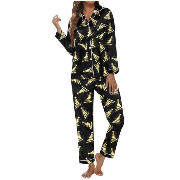 JIAYUE Womens Christmas Pjs 2‑Piece Set Notch Collar Button‑Down Long Sleeve Top & Pants Xmas Print Pajama For Bedtime Wear