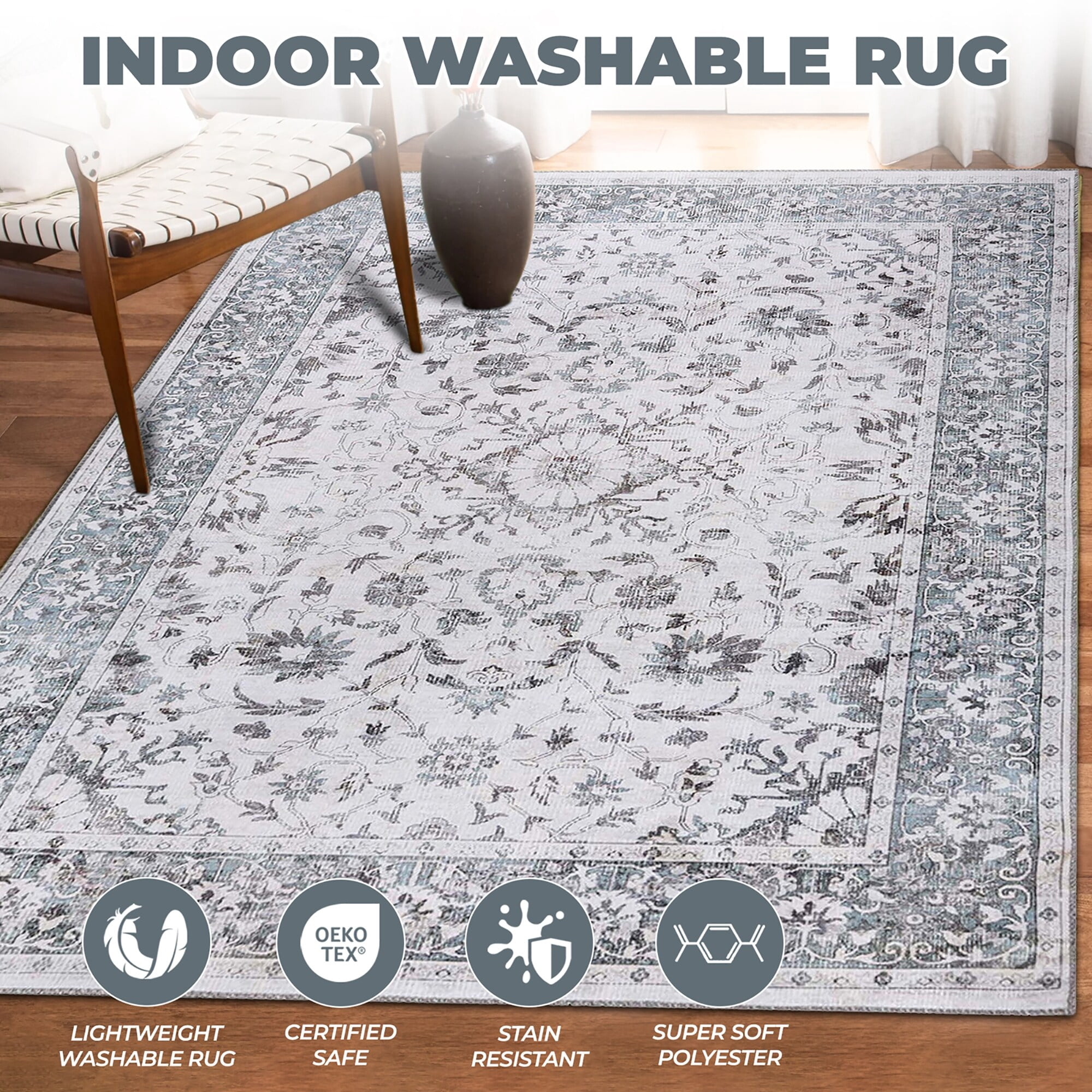 Superior Floral Scroll Border Washable Indoor Area Rug, 3' 6" x 5' 6", Gray