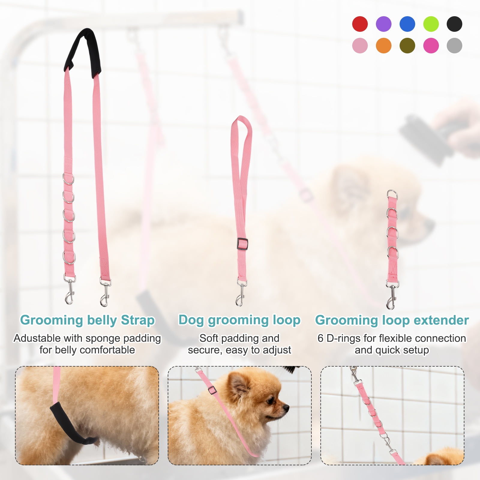 Uxcell Dog Grooming Belly Strap, Pet Grooming Loops Grooming Harness Table Arm Extender with D-Rings Restraint Leash (Fluorescent Green, 3 Pcs), for Small Medium Dogs Hair Cutting Washing