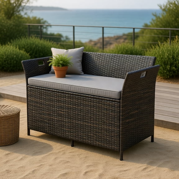 Topcobe Outdoor Bench with Hand-woven PE Rattan Wicker and Side Handles, Outdoor Furniture, Modern Furniture for Patio Backyard-Gray