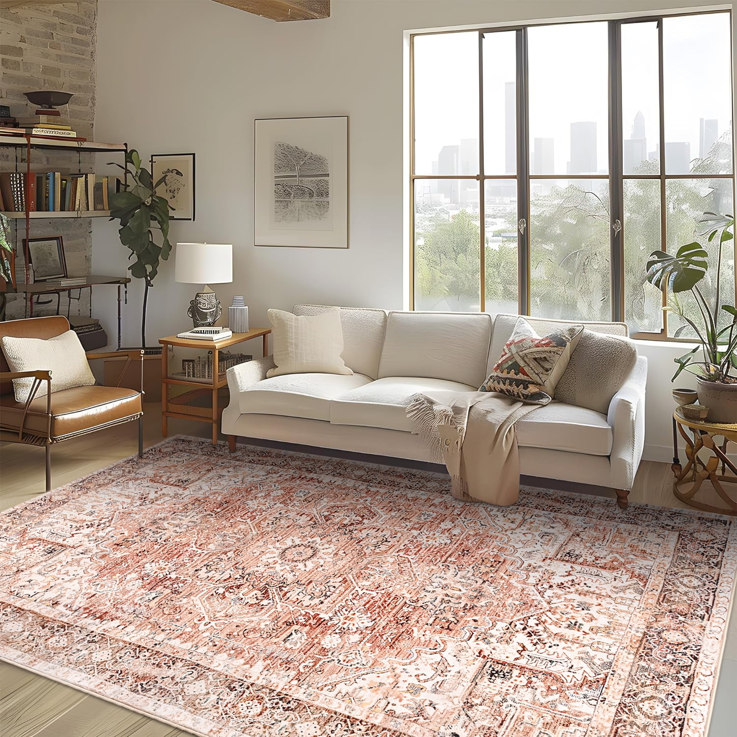 Lochas Vintage Accent Rugs Distressed Print Area Rug Low Pile Carpet for Living Room Bedroom Home Decor,Beige,6'x9'