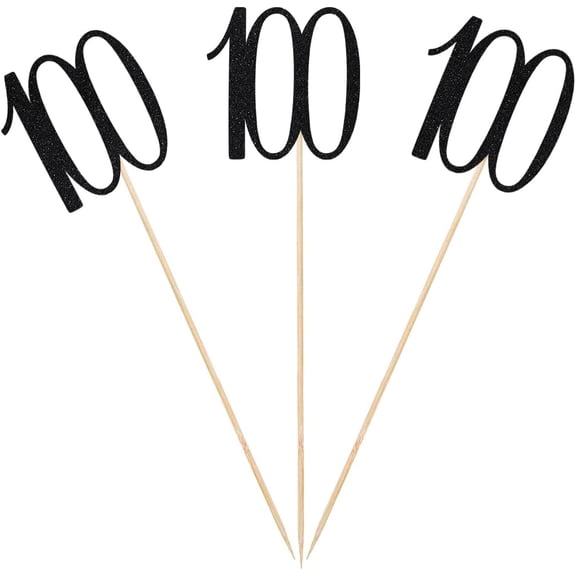 Black Glitter 100th Birthday Centerpiece Sticks, 12-Pack Number 100 Table Topper Anniversary Party Decorations