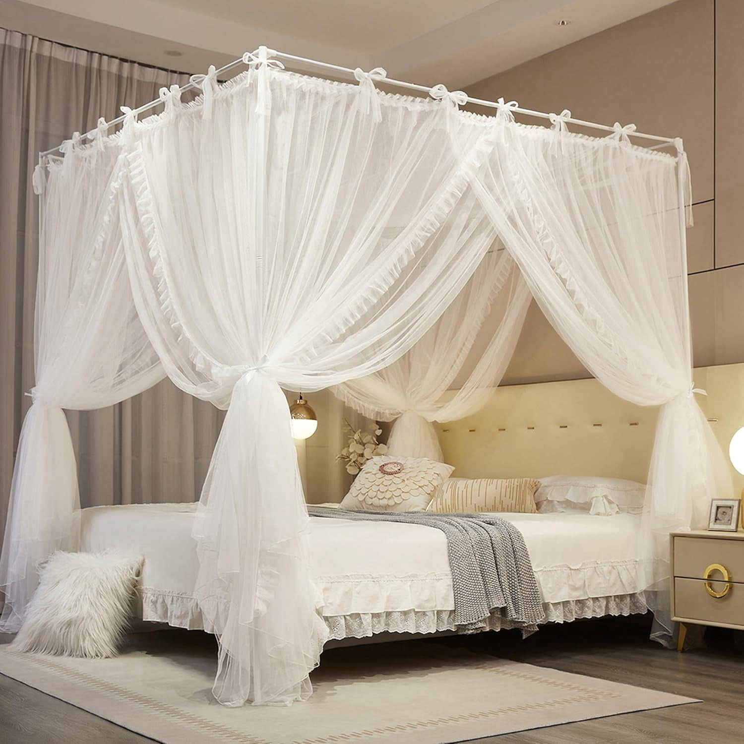 4 Corners Post Princess Curtain Bed Canopy Lace Up Double Layer 4 Opening Mosquito Net Mesh for Girls Bedroom Decoration(White, 59" W*82" L*82" H/Queen)