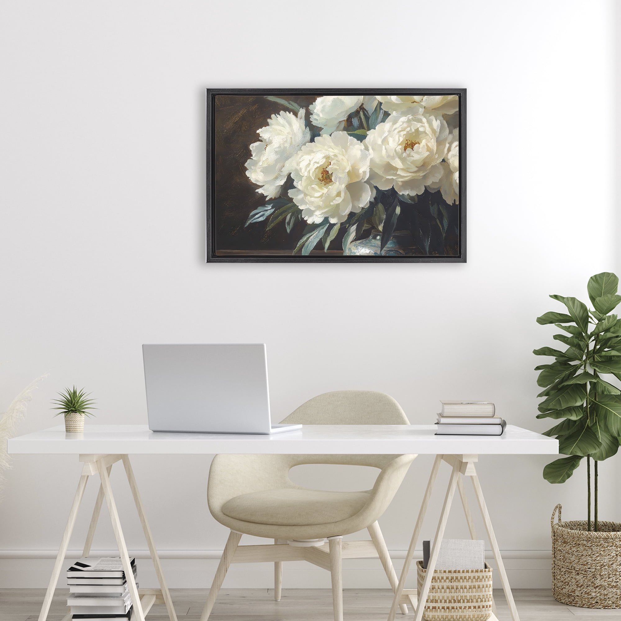 Stupell Industries Large Moody White Floral Black Framed Floater Canvas Wall Art, design by Petal Prints Design