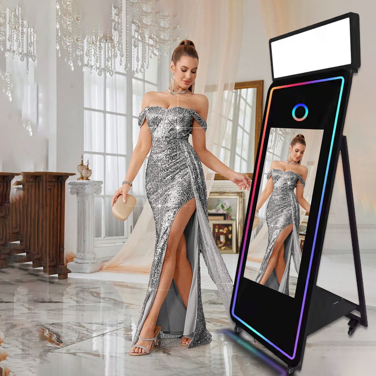 Magic Mirror Photo Booth 65inch Machine with 43inch Touch Screen Machine with Square Light and Flight Case for Events