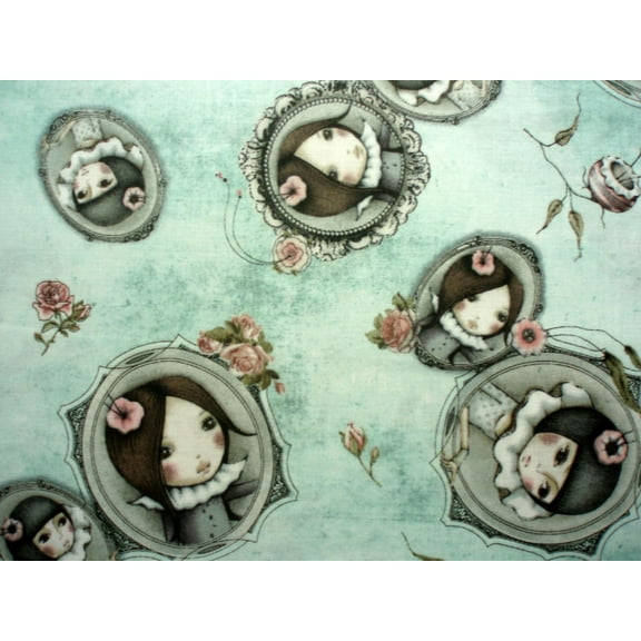 'Curiosity' Lost and Found Cameos on Light Teal Cotton Fabric Sold By the Yard