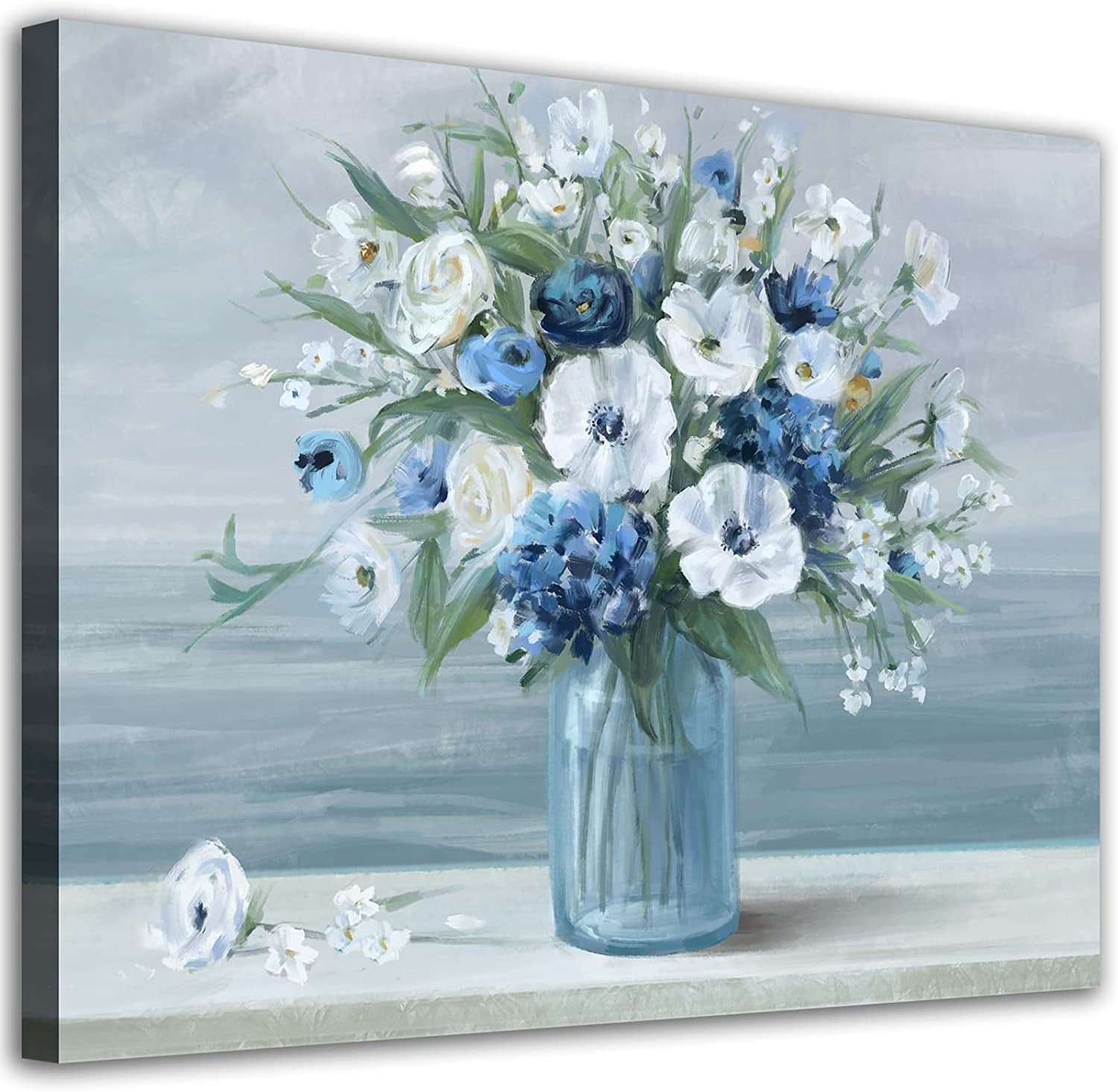Vintage Flowers Canvas Wall Art Blue White Blossom Canvas Painting