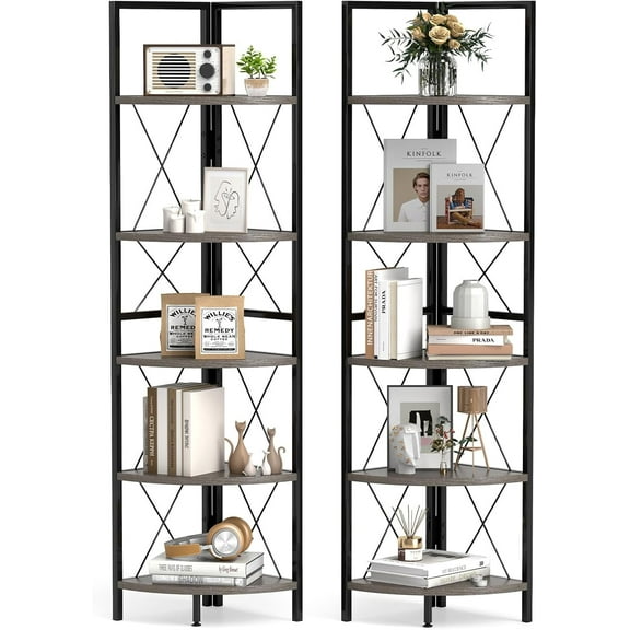 Giantex 5-Tier Corner Shelves Set of 2, 63" Tall Corner Bookshelf, Freestanding Storage Rack w/Metal Frame, Modern Plant Stand, Narrow Bookcase Display Shelf for Living Room, Bedroom, Oak