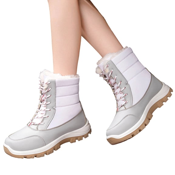 Eltusu Women Snow Boots, Soft Thermal Lace up Windproof Winter Shoes White Size 5.5-9
