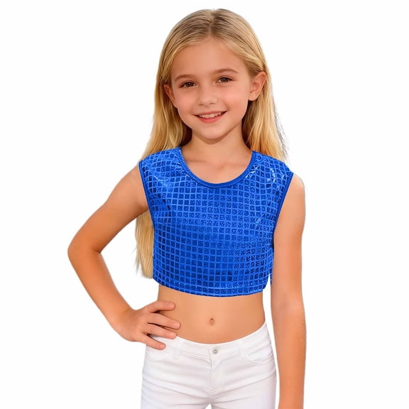 GBSYEWXS Girls Tee Size 5-6 Years Crew Neck Sleeveless T-Shirts Daily Wear Trendy Sequins Blue Tops
