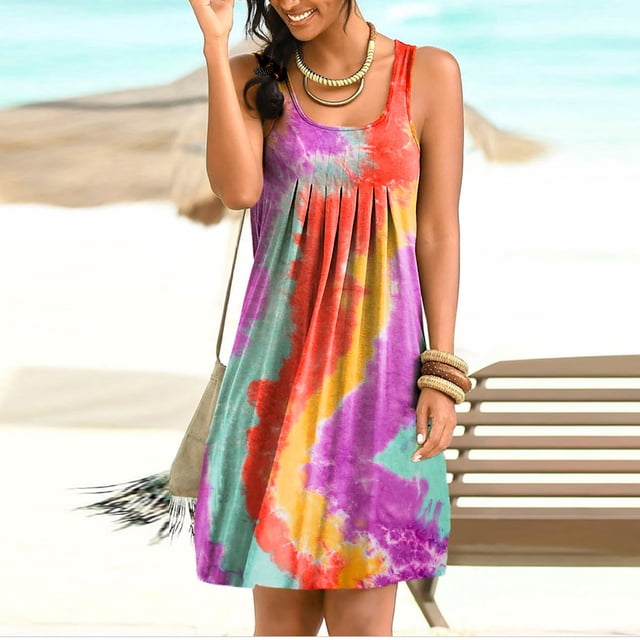 Robes Décontractées Aqestyerly Mode Femmes Imprimé Col Rond Aguichant Robe Débardeur Sans Manches Basique Midi Robe de Boîte de Nuit HWRETIE