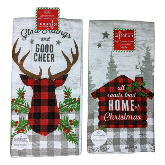 Set of 2 BUFFALO LODGE Christmas Home & Deer Terry Kitchen Towels by Kay Dee Designs