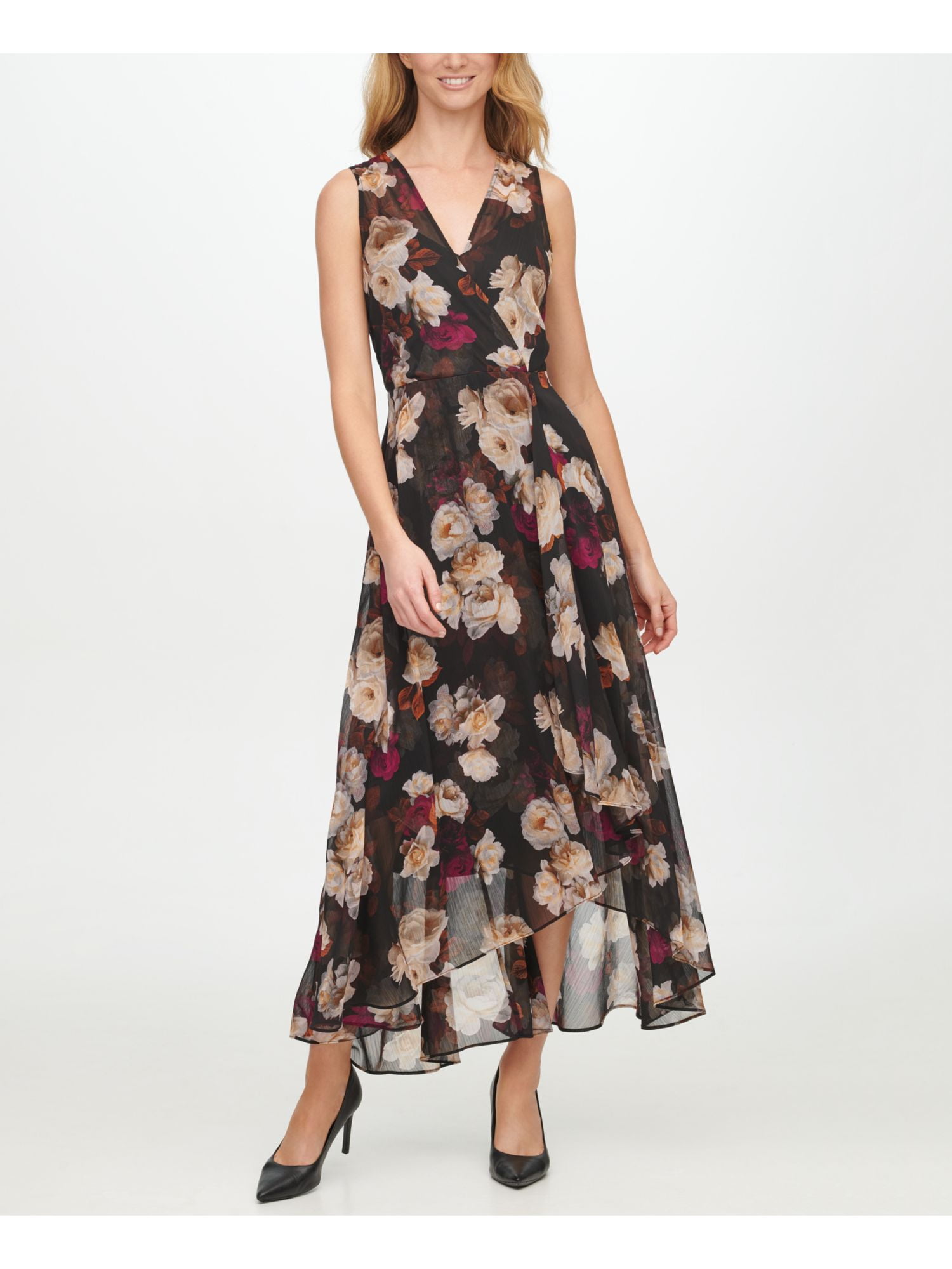 CALVIN KLEIN Womens Black Floral Surplice Neckline Maxi Fit + Flare Dress  16 