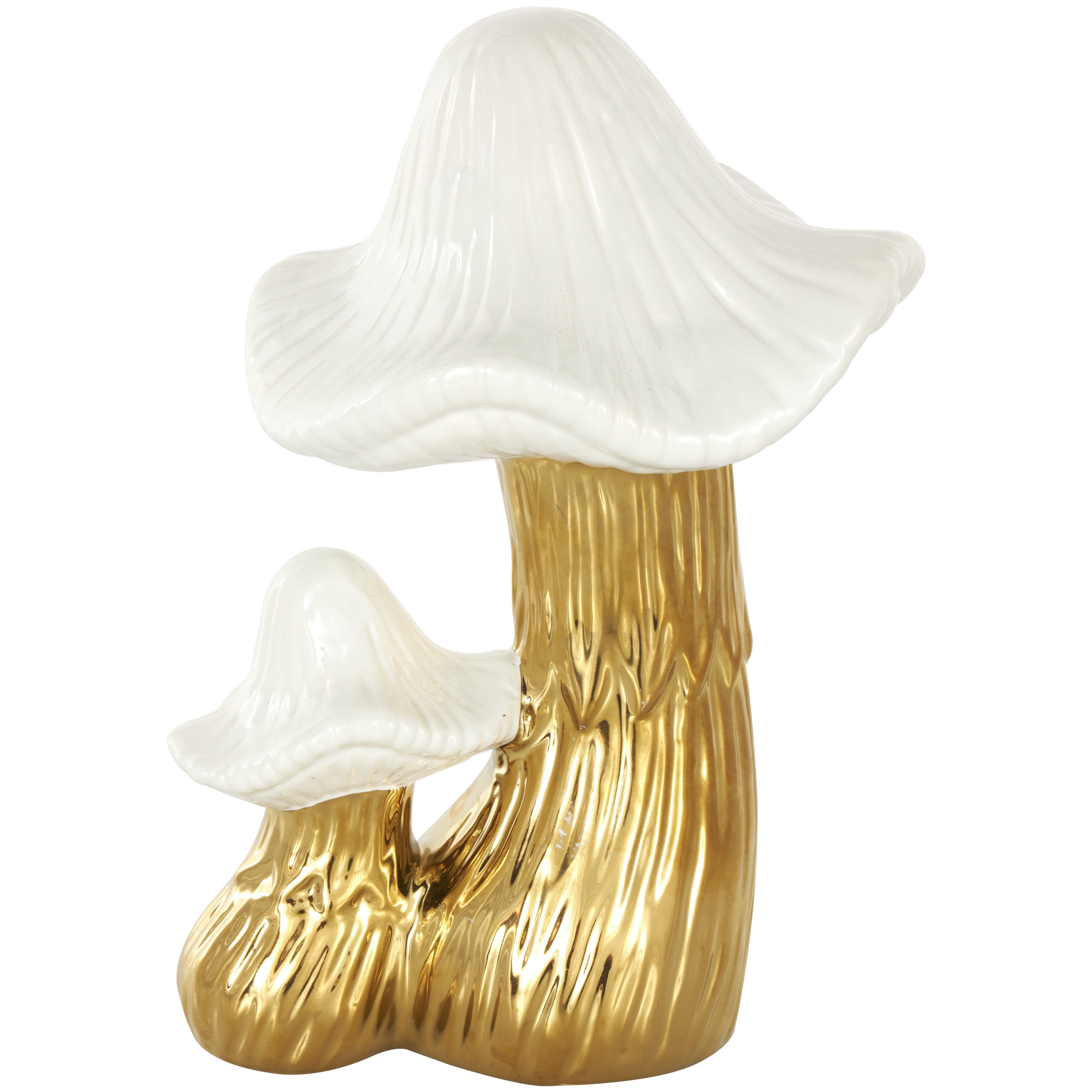 7" x 10" Gold Ceramic Mushroom Sculpture with White Tops and Textured Grooves, by DecMode