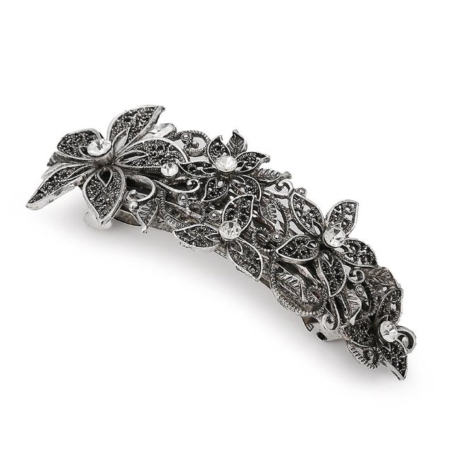 Clip de borde retro (plateado), clip horizontal floral para mujer, lindo clip para el cabello tridimensional en diagonal
