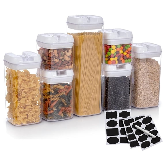 HeSLehs Stackable Airtight Food Storage Containers - BPA Plastic Food Organizer for Pantry with Dry Erase Marker and Labels, White (Set of 7)