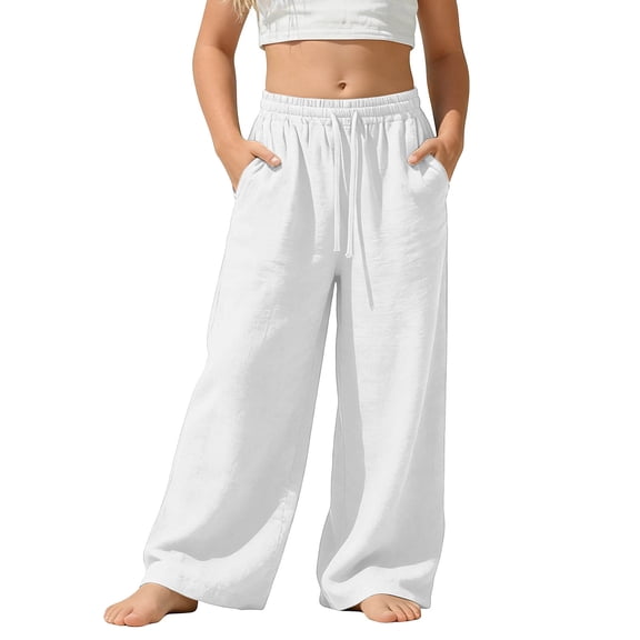 OGLCCG Wide Leg Pants Girls Summer Loose Vacation Beach Pants for Teens Lightweight Straight Leg Trousers with Pockets 3-14 Years