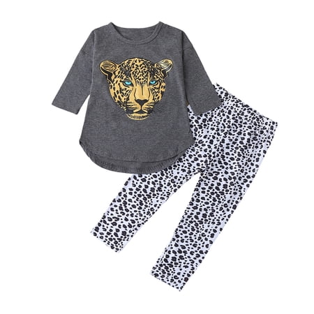 JAJAHO Girls 2 Piece Outfits Toddler Long Sleeve Top And Pants Set Kids Curved Hem T Shirt Leopard Straight Leg Bottoms Casual Playwear For 1-9 Years Soft Outfit