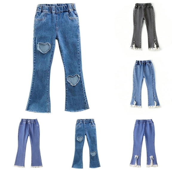 LIBRCLO Girls Jeans Elastic Waist Flare-Leg Denim Pants with Pockets Slim-Straight Lace Jeans for Kids Clothes Size 4 Years