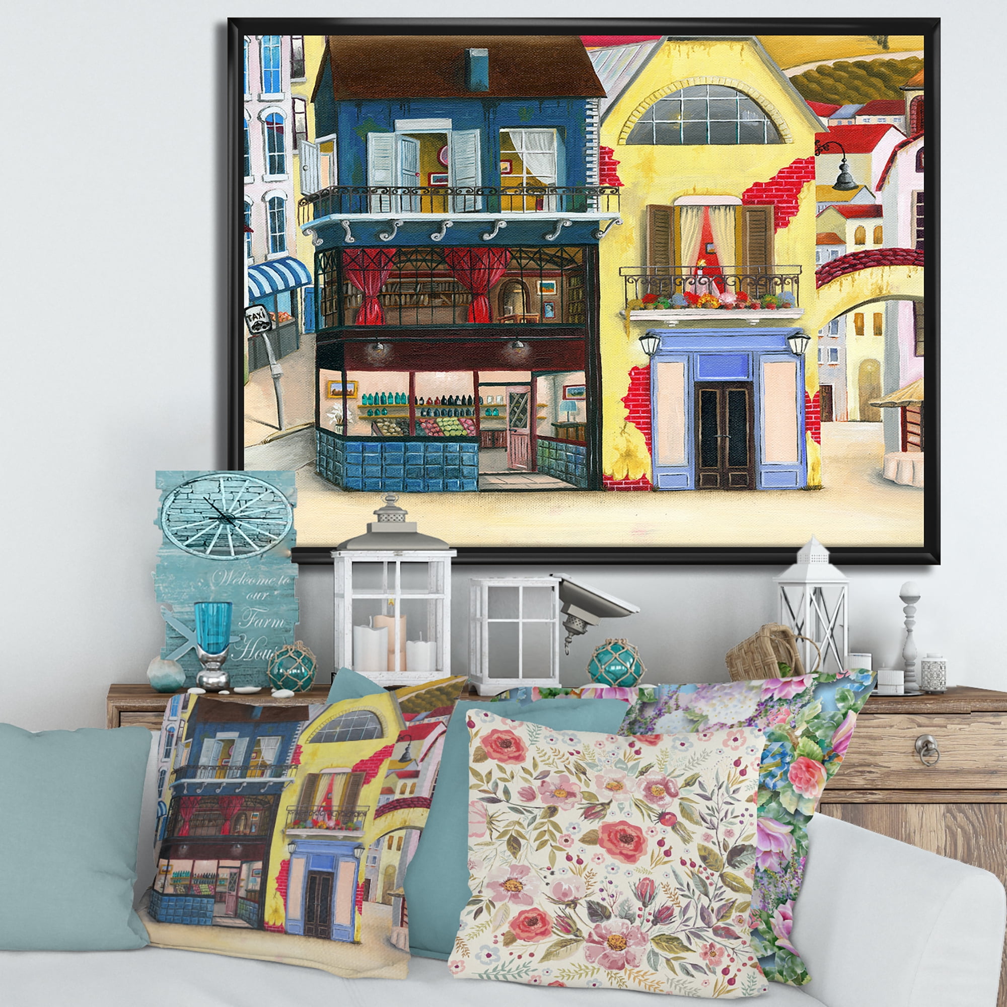Designart 'The Colorful Facade of The Buildings In A Cozy Streets' French Country Framed Canvas Wall Art Print