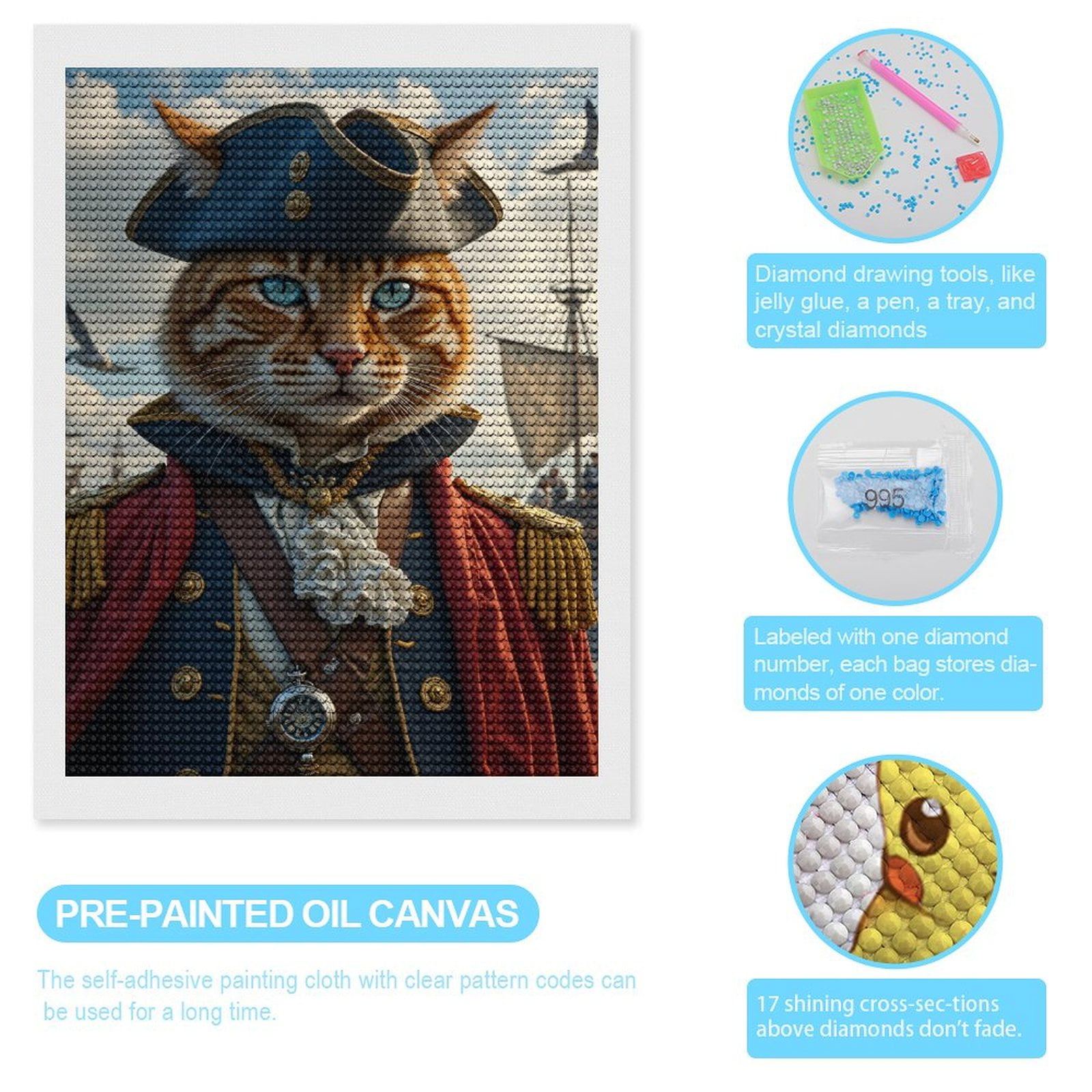 Diamond Art Kits for Adults, Cat Sailor Admiral Portrait Sky 5D Diamond Painting Kits for Adults Beginners, DIY Full Drill Diamond Painting, Gem Art and Crafts 12x16