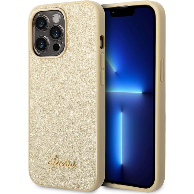 Guess Phone Case for iPhone 14 Pro in Gold Glitter Flakes, Anti-Scratch PC/TPU, Comfortable & Durable Hard Case
