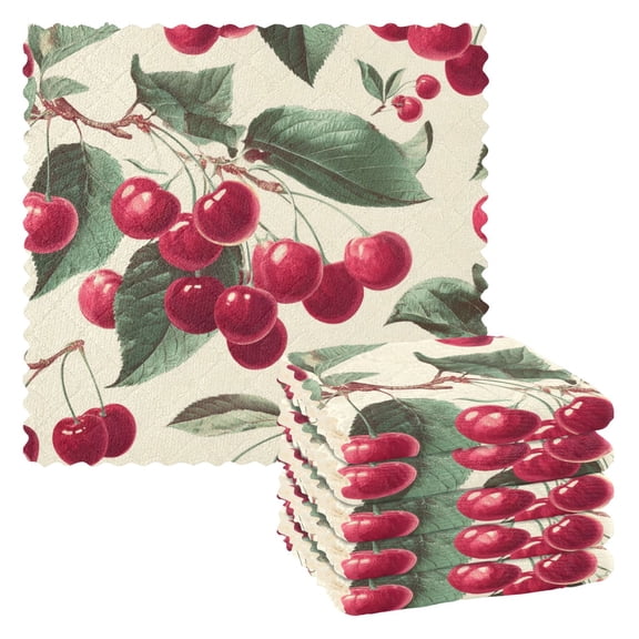 6 Pieces of Kitchen Towels 11x11Inch Kitchen Dish Cloths Kitchen Dish Towels Reuseable Cleaning Cloths Red Cherry Seamless