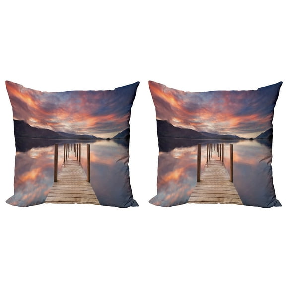 Ambesonne Landscape Throw Pillow Cover 2 Pack, Flooded Jetty England, 20", Coral Purplegrey