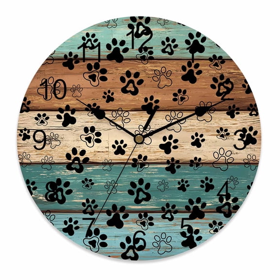 Wall Clock 10 Inch Black Dog Paw Print Round Silent Decorative Wall Clocks Battery Operated for Living Room Bedroom Kitchen Classroom Decor, Rustic Turquise Brown Farmhouse Wood,Small