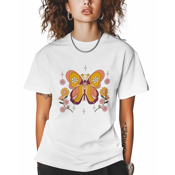 T Shirts for Women Short Sleeve Cotton Crewneck T-Shirt, Orange Butterfly Pink Daisy Stars Tee Tops Casual Basic T-Shirts, XS-5XL White M
