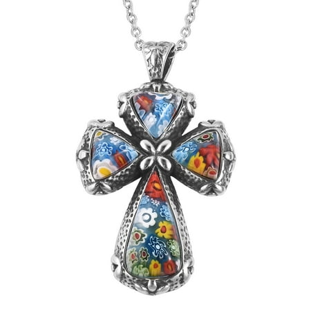 Millefiori Glass Cross Multi Color Cross Chain Pendant Necklace Stainless Steel Murano Millefiori Glass Gift Jewelry for Women Size 20