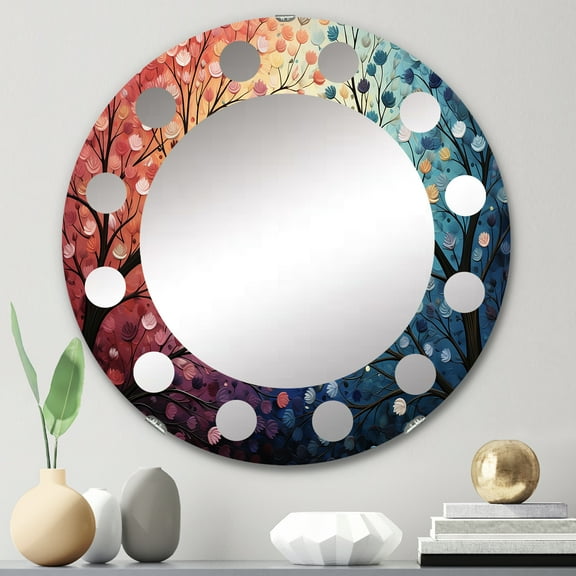 Designart "Pointillism Dotting a Colorful Wreath Field" Abstract Round Wall Mirror - Floral Oval Printed Decorative Oversized Mirror - Multiple Color Options