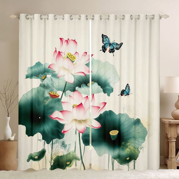 Homewish Rustic Lotus Black Out Curtains,Modern Aesthetic Art Curtains Pack of 2 (42x63 Each),Green Lotus Leaves Bedroom Curtains For Girls Kids,Microfiber Bedroom Decor