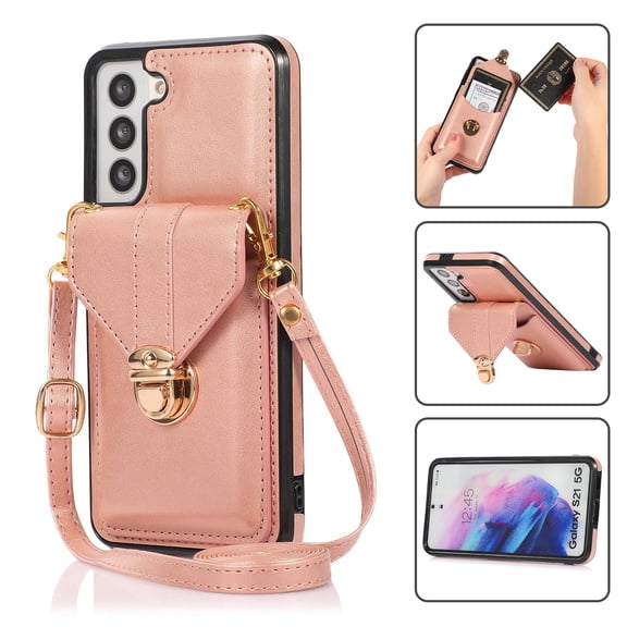 Crossbody Wallet Women Case for Samsung S21 Plus,[RFID Blocking] Credit Card Holder with Should Strap,Premium PU Leather Purse Metal Buckle Folio Flip Cover for Samsung Galaxy S21 Plus, Rosegold