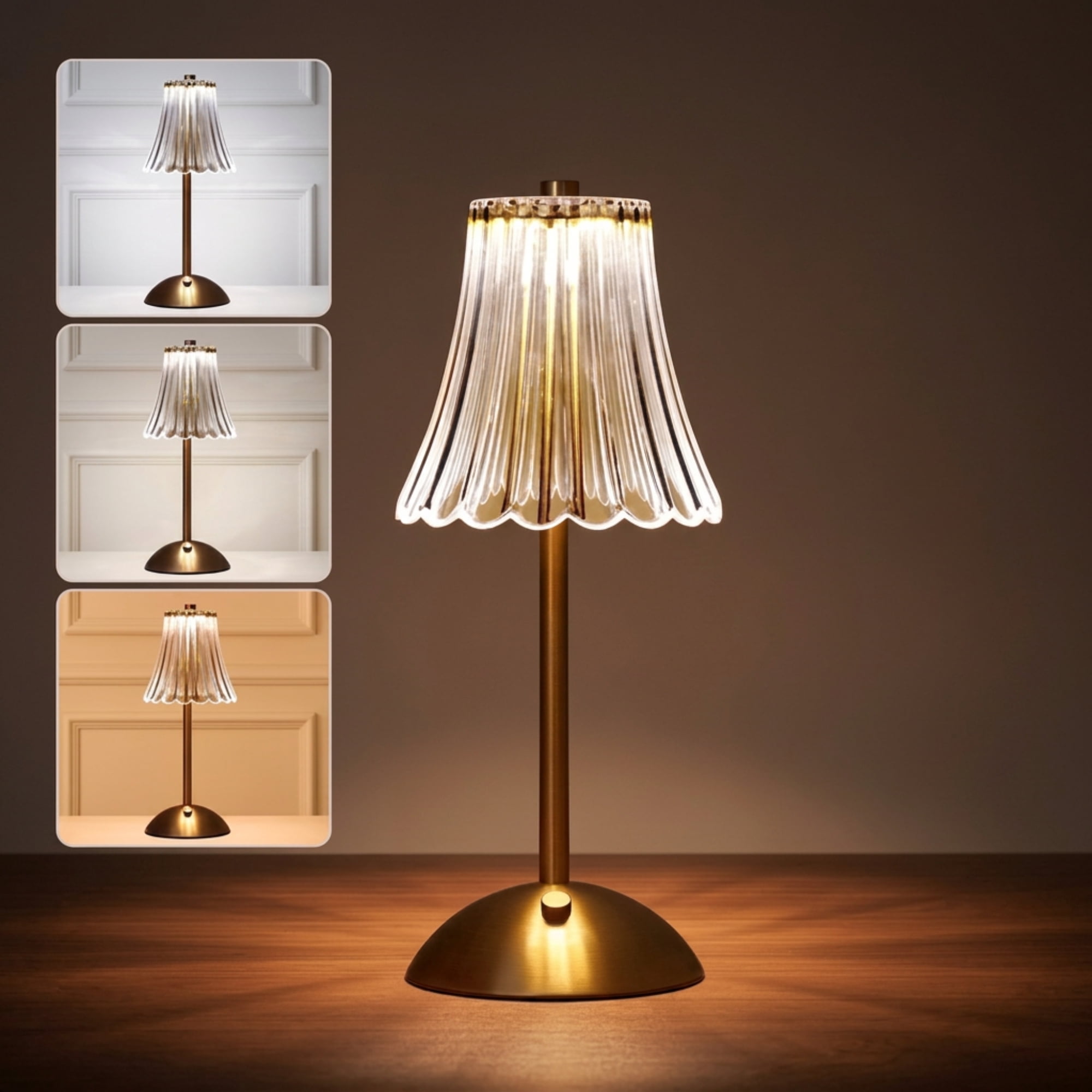 DAYBETTER Cordless Table Lamp, 12" Brass Rechargeable Cute Desk Light with Glass Shade, 3 Colors Dimmable Touch Lamp for Modern Office Home Decor