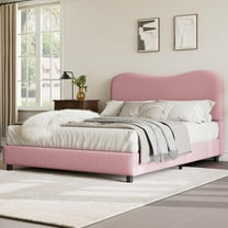 Queen Size Bed Frame with Upholstered Headboard, Boucle Platform Bed with Rounded Corners Design, Wooden Slats, Noise Free, No Box Spring Needed, Pink