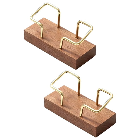 2 Pcs Business Card Holder, Walnut Wood Business Card Stand with Beech Wood Base, T-Shape Metal Frame for Office Desk, 4.3 x 1.8 x 3.7 in / 11 x 4.6 x 9.5 cm