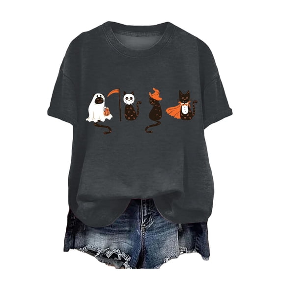 Duqingm Halloween Shirts for Women Funny Halloween Cat Graphic Short Sleeve Shirt Casual Fall Tee Tops,2XL