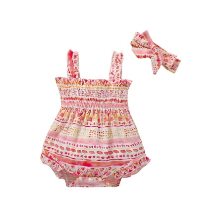 

Eyicmarn Baby Girl Summer Sling Jumpsuit Fruit Print Sleeveless Elastic Bust Romper Bow Headband