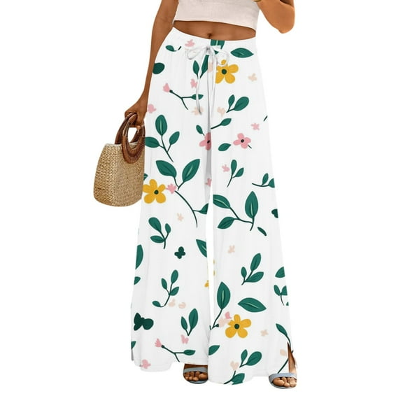 WTOBBY Women's Flowy Floral Wide Leg Pants with Adjustable High Waist Drawstring, Functional Pockets and Relaxed Casual Fit for Farmers Markets and Summer Festivities,Dark Green L