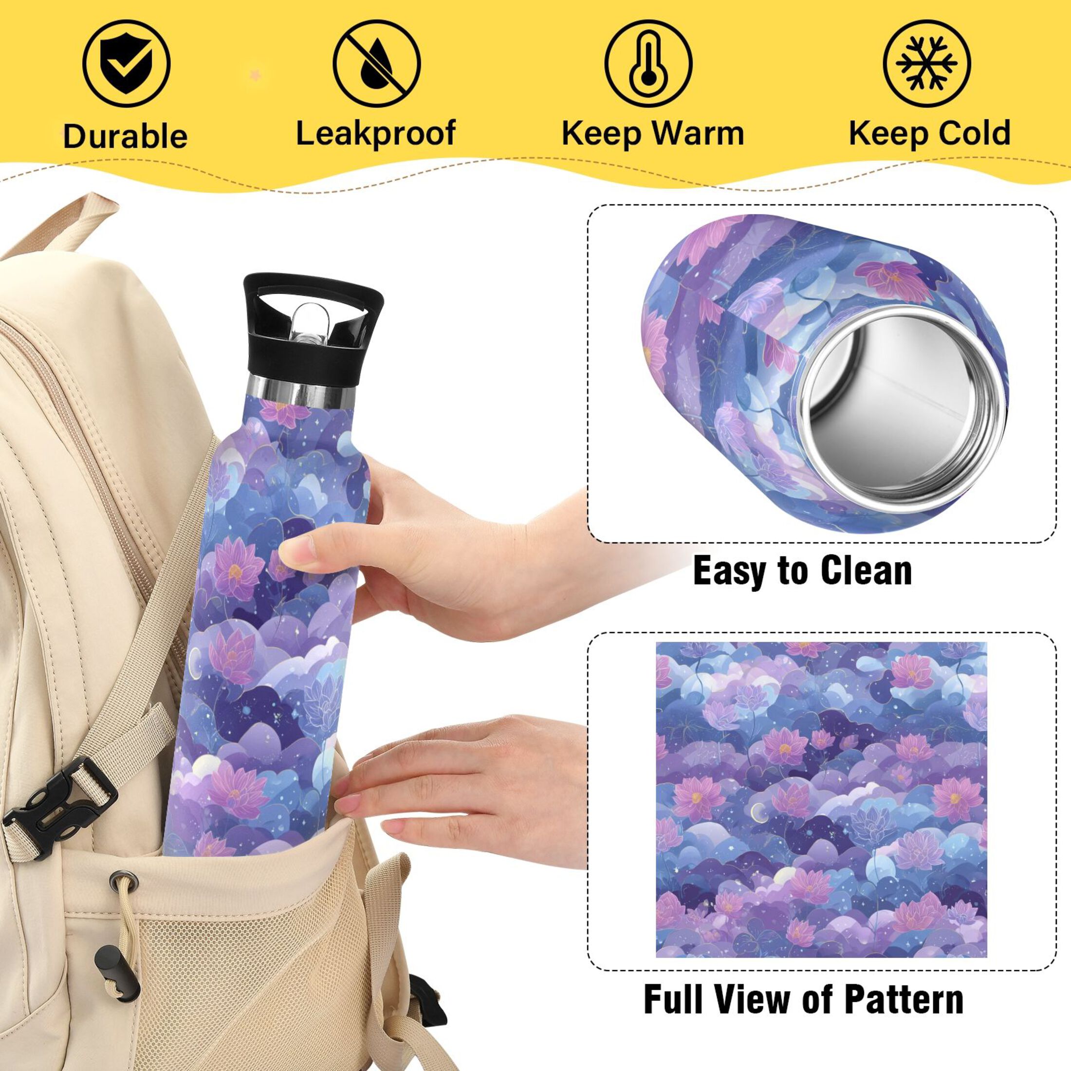 600ML Stainless Steel Insulated Cup Sports Water Bottle Portable Thermos Cup Water Glasses Insulated Tumblers Convenient and Durable Purple Flowers
