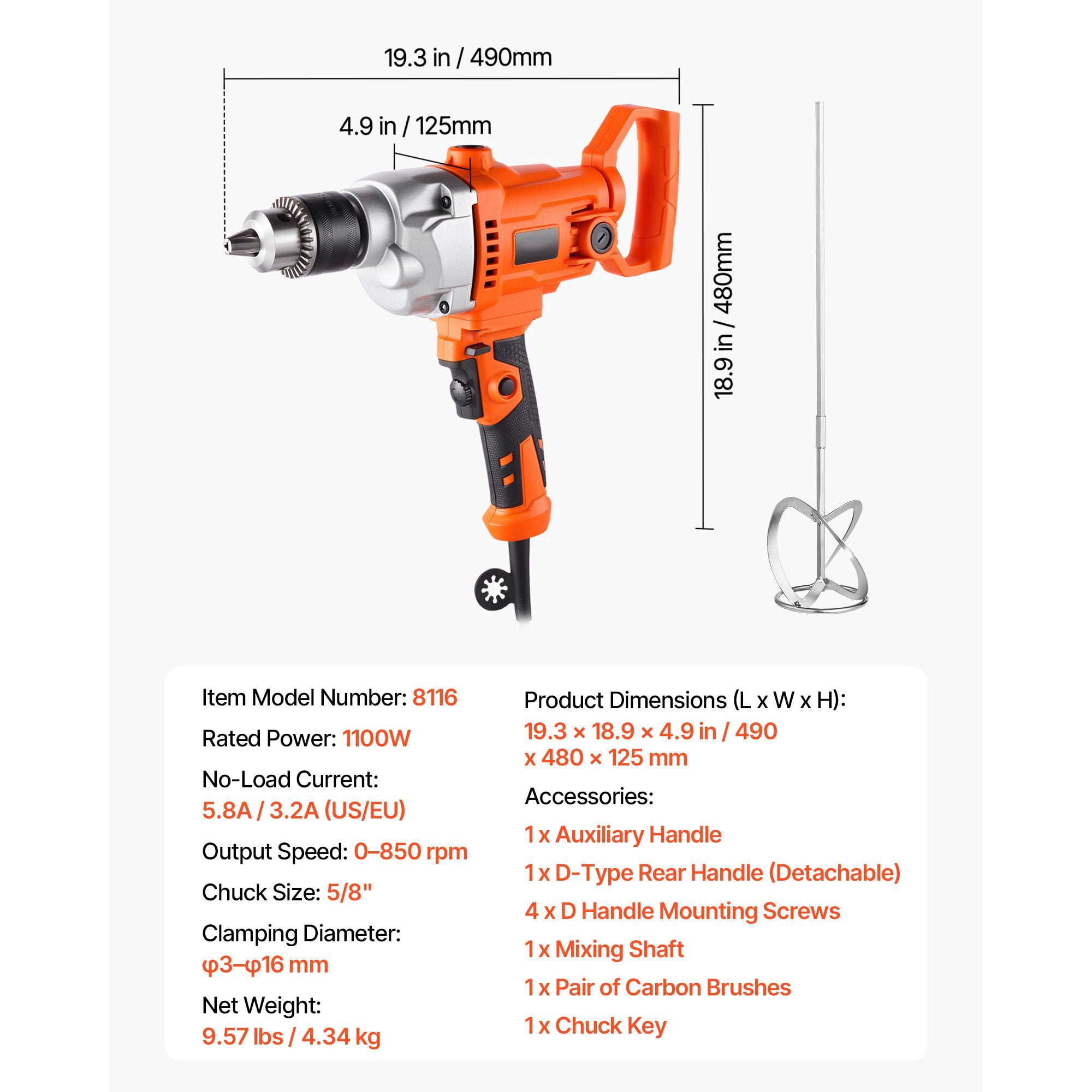 Drill Mixer, 5/8 inch Corded Electric Drill Mixer Set, 0-850RPM 5.8A Mixing Drills, Mixing Drills Machine with D-Handle for Drilling & Blending, Handheld Cement Mixers for Fodder, Paint, Cement