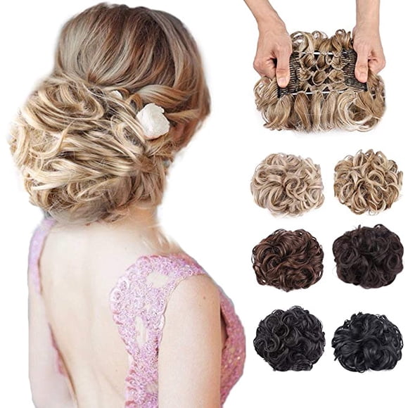 Messy Bun Scrunchie Chignon Hairpiece Curly Dish Hair Bun Extension Combs in Messy Bun Hair Piece for Women(Honey Blonde Mix Bleach Blonde)