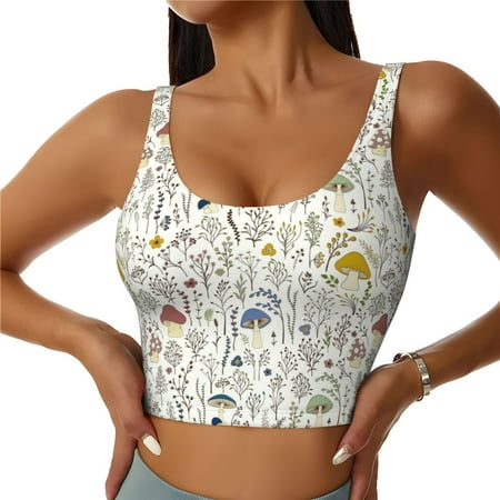 Jgfou Colorful Mushrooms and Plants Print Womens Sports Bra - Padded Workout Sports Bras Crop Tank Top